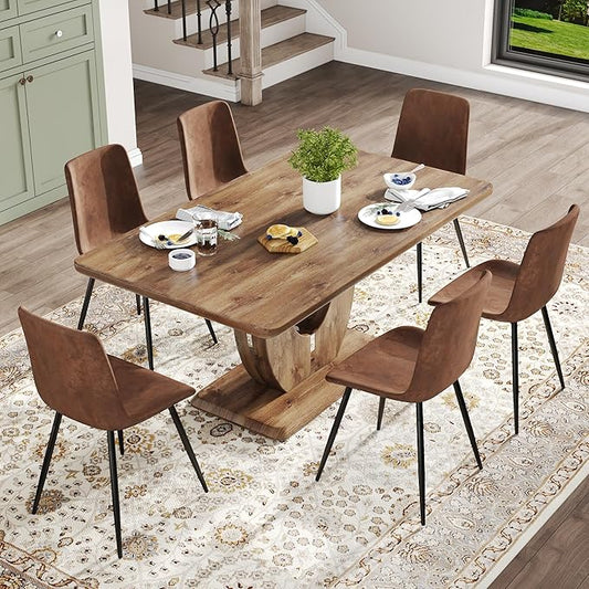 Wooden Dining Table Set for 6, 63" Rectangular Kitchen Table with Upholstered Chairs, Modern Dining Room Furniture with Faux Leather Seating and Sturdy Metal Legs, Brown Farmhouse Table Set