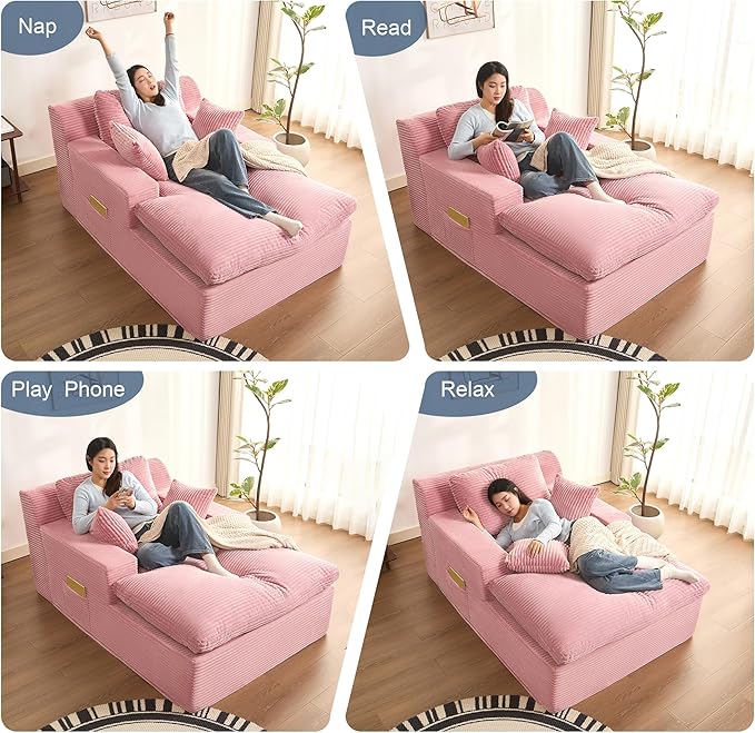 63" Oversized Chaise Lounge Chair Indoor, Extra Cloud Layer, Convertible Sleeper Sofa Couch with Removable Pillows & Side Pockets, Corduroy Upholstered Sofa Bed with Armrests for Living Room, Pink