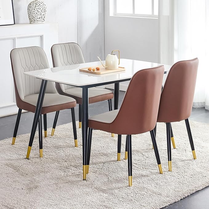 50" White Modern Marble Dining Table Set for 4, Sintered Stone Tabletop with 4 Upholstered PU Leather Chair Compact Dinette Table Set for Small Space Apartment(1White Table+4Gray Brown Chairs)