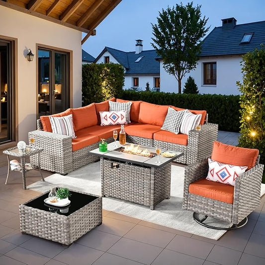 ovios 9 Pieces Patio Furniture Set, Outdoor Wicker Sectional Sofa with 42" Fire Pit Table Swivel Chair, Modern Modular Deep Seat Rattan Couch Conversation Sets, Orange Red