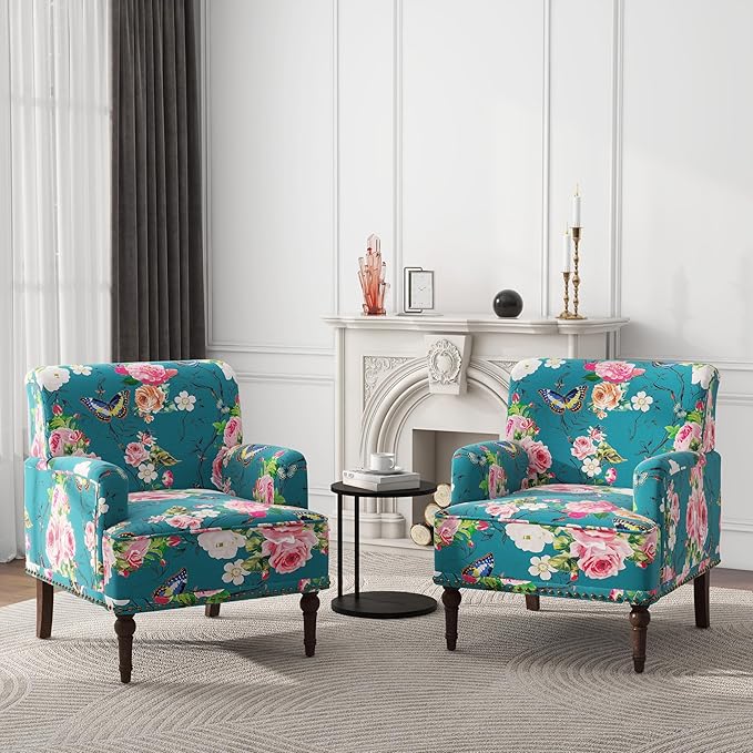 Modern Accent Chair with Arms,2 Set Mid Century Stripe Armchair for Living Room,Comfy Linen Fabric Single Sofa for Apartment Bedroom,Comfortable Cushioned Seat for Reading Home Office-Floral Stripe