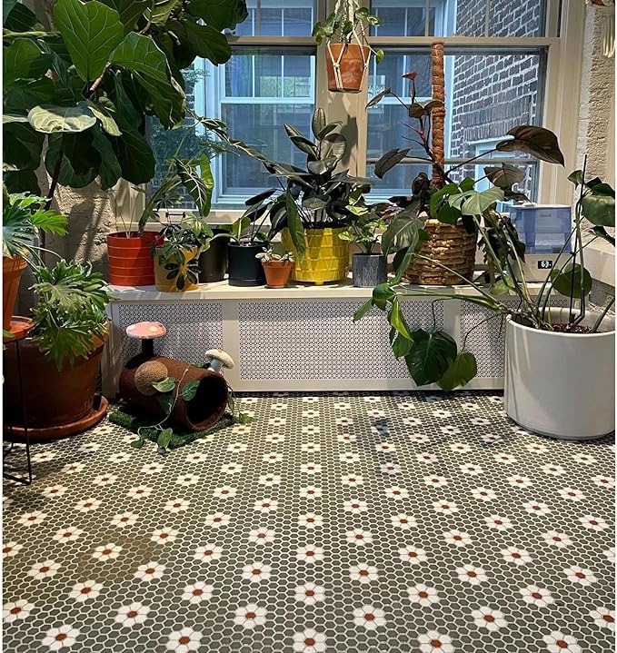 Tenedos Hexagon Glossy Green & White Flower Porcelain Mosaic Tile – Kitchen Backsplash, Bathroom Wall & Shower Floor Tile (5 Sheets)