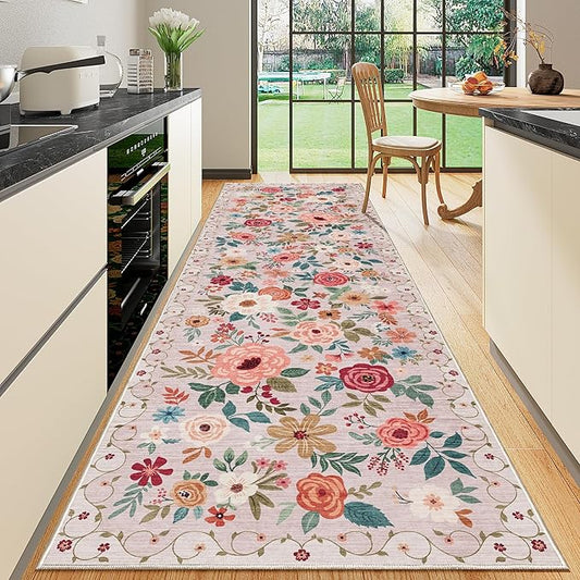 DUKINO 2x10 Runner Rug for Hallway, Washable Kitchen Runner Rug with Non Slip Backing, Low Pile Soft Boho Floral Carpet Carpet for Kitchen, Hallway, Entryway, Laundry, Bedroom, Beige