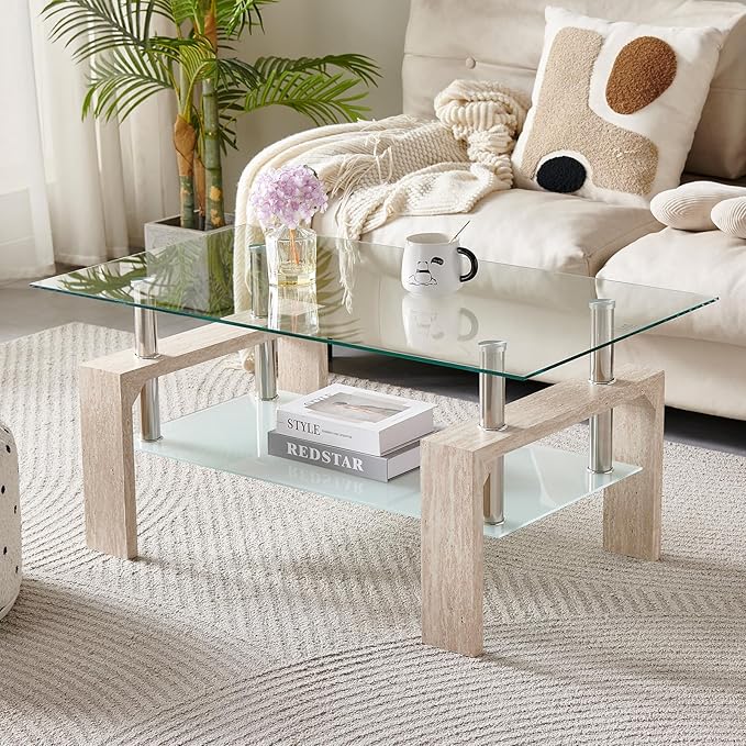 Living Room Rectangle Coffee Table, Tea Table Suitable for Waiting Room, Modern Side Coffee Table with Wooden Leg, Glass Tabletop with Lower Shelf (Yellow Travertine)