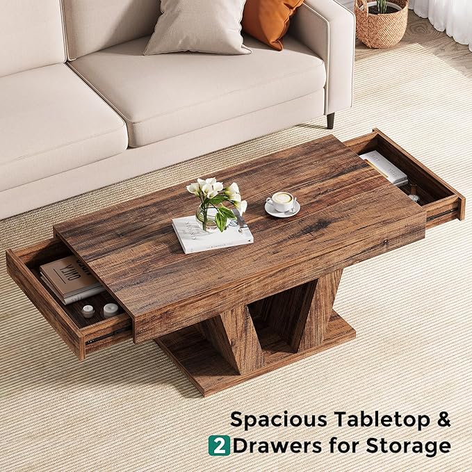 Farmhouse Coffee Table with 2 Side Drawers, 43 inch Wood Center Tea Table with Hidden Storage, Rectangle Cocktail Table for Living Room, Office, Small Space, Brown