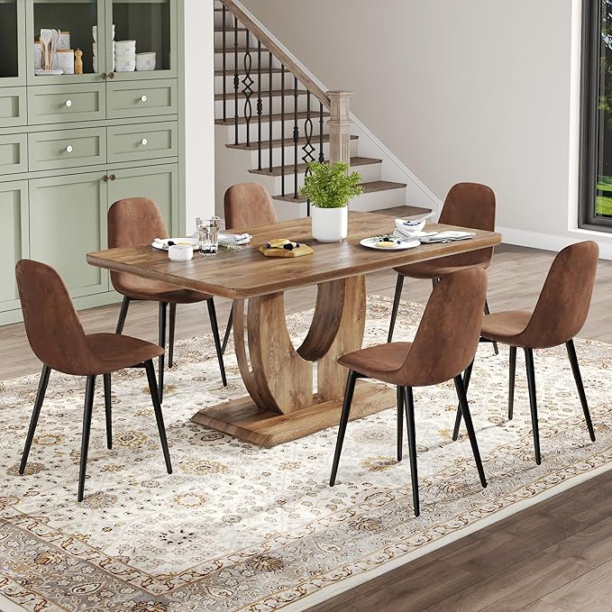 Wooden Dining Table Set for 6, 63" Rectangular Kitchen Table with Upholstered Chair, Modern Dining Room Furniture with Faux Leather Seating and Sturdy Metal Legs, Brown Farmhouse Table Set