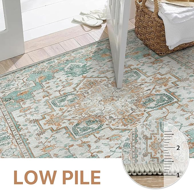 GENIMO 3x5 Area Rugs for Living Room, Machine Washable Non Slip Vintage Rugs, Low Pile Lightweight Chenille Print Rug for Bedroom, Dining Room, Home Office, Cyan