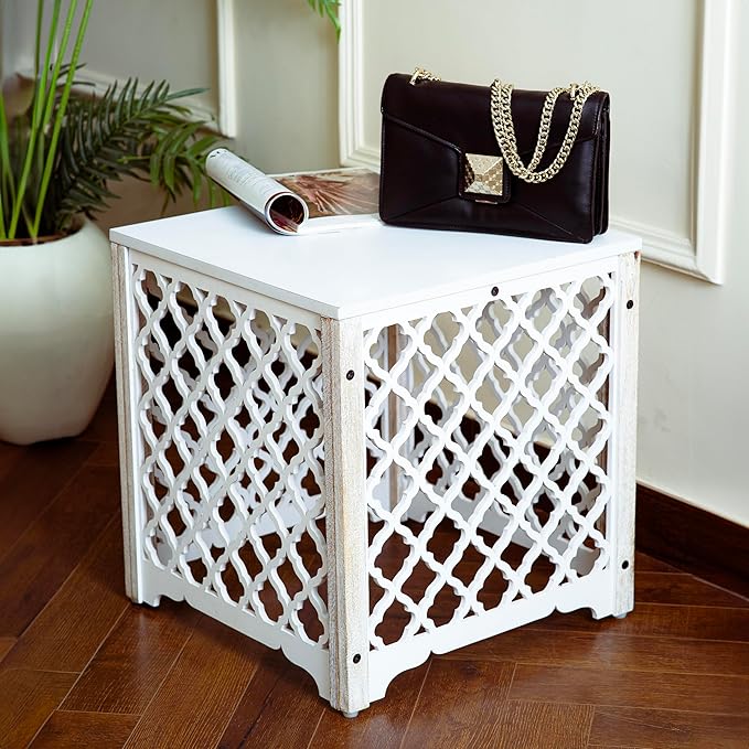 JFY Designs Carved Wooden Square Side Table Decorative Coffee Side Entryway Bedside|Modern Home Decor Table|Accent Table Living Room, Bedroom, Office|Hand Carved Farmhouse Rustic End Table 16-inch