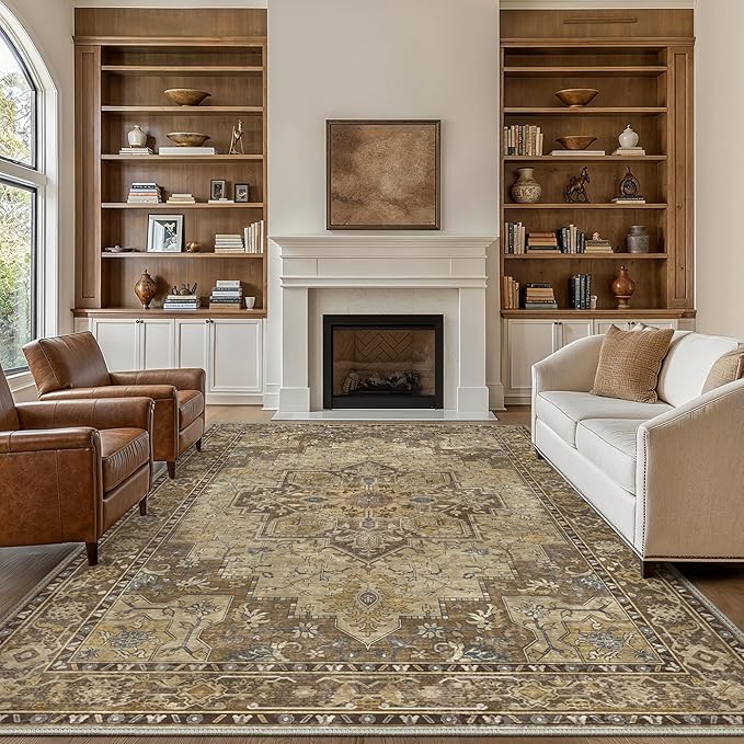 GENIMO 7'6''x9'6'' Area Rugs for Living Room, Machine Washable Non Slip Vintage Rugs, Low Pile Lightweight Chenille Print Rug for Bedroom, Dining Room, Home Office, Rustic Brown