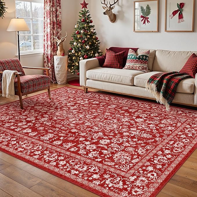 Christmas Area Rug 4x6 Red Washable Office Carpet Holiday Door Mat Vintage Low Pile Distressed Retro Floral Throw Non Slip Soft Decorative Xmas Rug for Entryway Kitchen Bedroom Bathroom