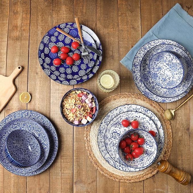 Selamica Dinnerware Sets 16 Piece, Ceramic Plates and Bowls Set, Embossed Dishes Set for 4, Housewarming, Dark Blue