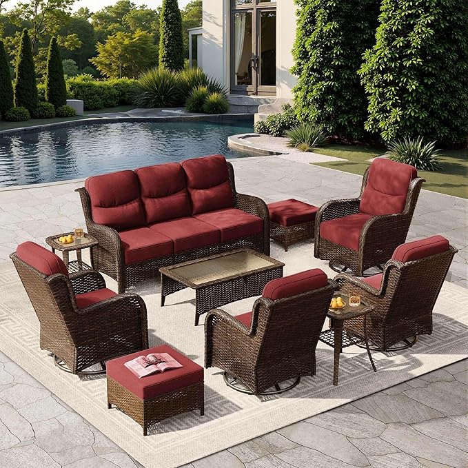 HILLGA Luxury Patio Furniture Set with 6-Inch Thick Cushions, High Back Outdoor Swivel Rocker Chairs and Patio Couch, 10-Piece All Weather Conversation Set for Porch Deck Pool Yard, Burgundy (V3)