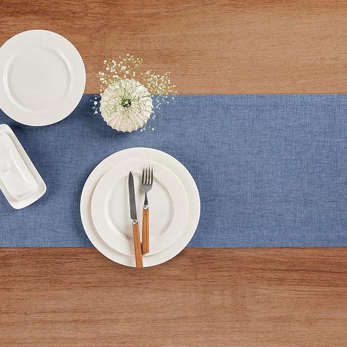 Solino Home Linen Table Runner 36 Inches - 100% Pure Linen Blue Denim Table Runner 14 x 36 Inch Ideal for Dresser and Coffee Tables - Athena