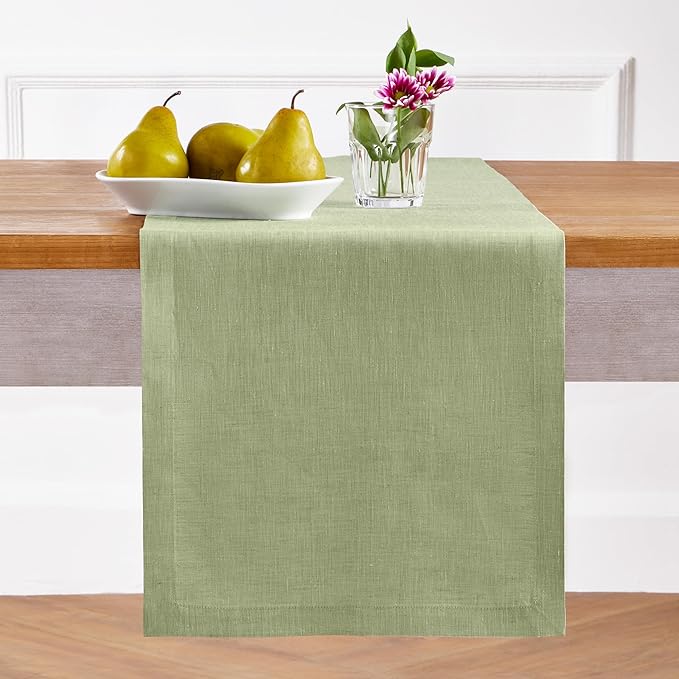 Solino Home Linen Small Table Runner 60 Inches - Athena, 100% Pure Linen Chambray Olive Table Runner 14 x 60 Inch Ideal for Dresser and Coffee Tables - Fall, Autumn, Halloween, Thanksgiving