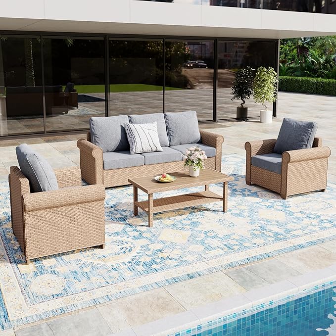 Patio Furniture Set 4 pcs, Wicker Outdoor Patio Furniture, 3-Seat Sofa, 2 Single Chairs and Coffee Table, Rattan Patio Conversation Set for Backyard Deck, Grey
