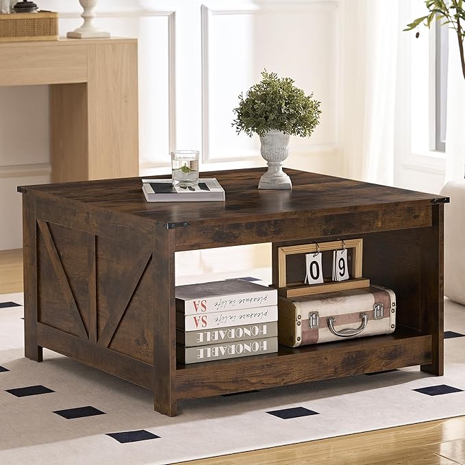 Farmhouse Coffee Table for Living Room, Wood Square Coffee Tables, 31.5" D x 31.5" W, Rustic Brown