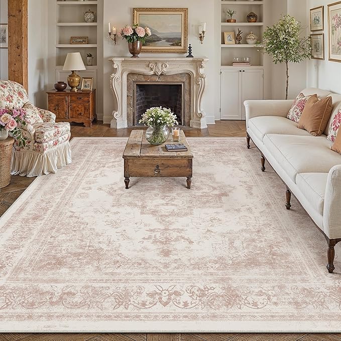 Washable Rug 8x10 Area Rug for Living Room Pink Vintage Boho Medallion Large Distressed Retro Carpet Non Slip Indoor Low Pile Small Soft Bedroom Dining Room Home Office