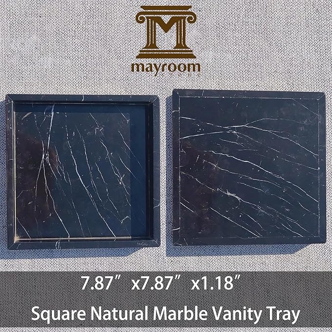 Square Natural Marble Vanity Tray: Luxury 8x8 Polished Organizer for Bathroom Kitchen Dresser Makeup Jewelry Coffee Table Home Decor, Black