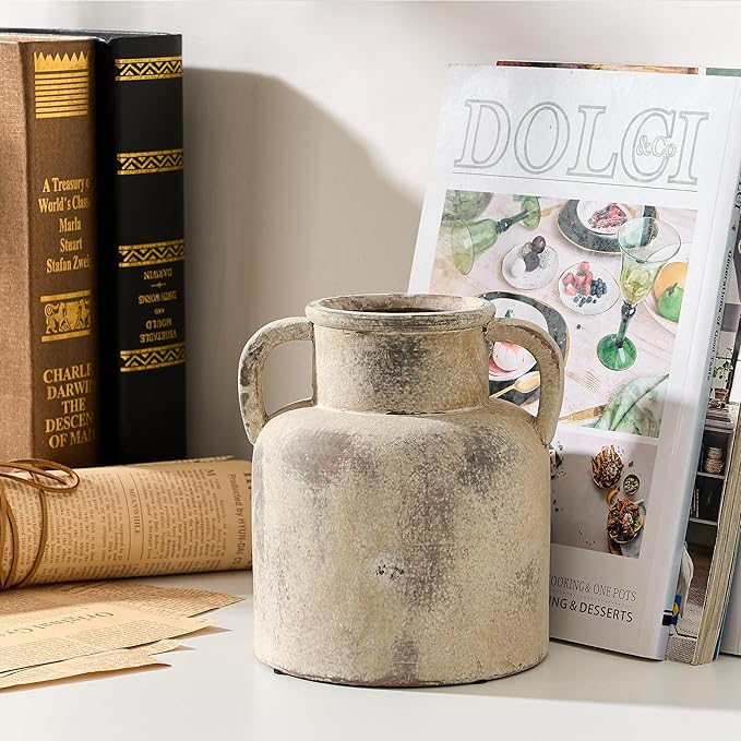 Antique Ceramic Vase with 2 Handles, 6.1 Inch Farmhouse Rustic Flower Vase, Small Vintage Terra Cotta Vases for Home Decor, Wedding, Living Room, Table, Shelf Decor, Neutral