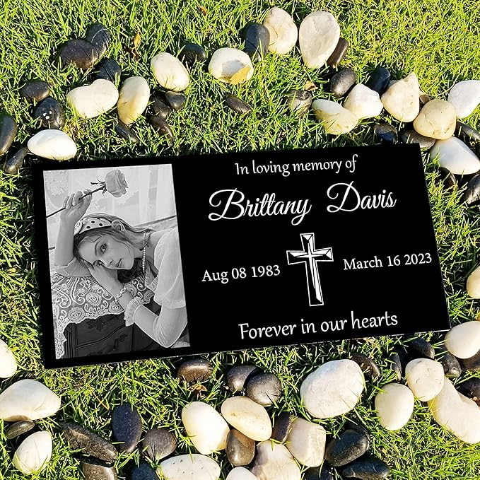 Personalized Headstone with Photo, Memorial Stone, Headstones for Graves, Grave Markers, Black Granite Garden Stone, Memorial Plaques for Outdoor, Grave Decoration for Cemetery (Picture left)