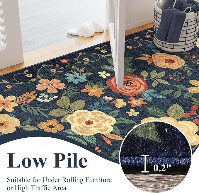 DUKINO 3x4 Area Rug, Lightweight Non Slip Washable Floral Rug, Indoor Low Pile & Non-Shedding Boho Design Carpets for Bedroom, Kitchen, Dining Room, Navy Blue