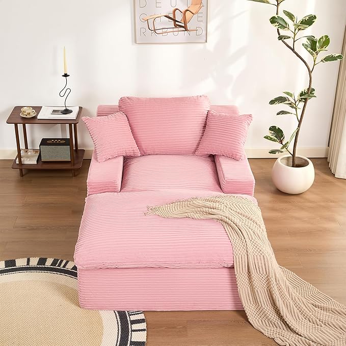 63" Oversized Chaise Lounge Chair Indoor, Extra Cloud Layer, Convertible Sleeper Sofa Couch with Removable Pillows & Side Pockets, Corduroy Upholstered Sofa Bed with Armrests for Living Room, Pink
