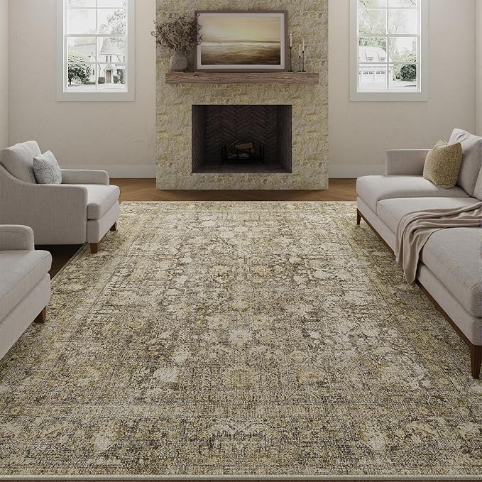 Brown Area Rug 8x10 Machine Washable Large Vintage Living Room Distressed Non Slip Carpet Traditional Indoor Bedroom Retro Floral Accent Throw Rug for Office Kitchen Dining Room