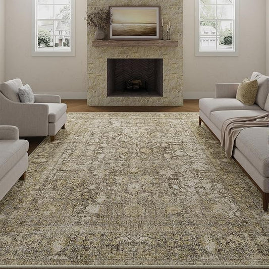 Brown Area Rug 8x10 Machine Washable Large Vintage Living Room Distressed Non Slip Carpet Traditional Indoor Bedroom Retro Floral Accent Throw Rug for Office Kitchen Dining Room