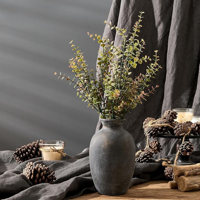 Ceramic Rustic Flower Vase, 8.38 Inch Vintage Pottery Home Decor, Farmhouse Terracotta Vase for Living Room, Table, Shelf, Mantel Decoration, Farmhouse - Black Bronze