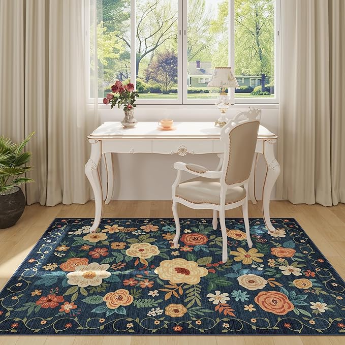 DUKINO 4x6 Area Rug, Lightweight Non Slip Washable Floral Rug, Indoor Low Pile & Non-Shedding Boho Design Rugs for Bedroom, Living Room, Dining Room, Dark Blue