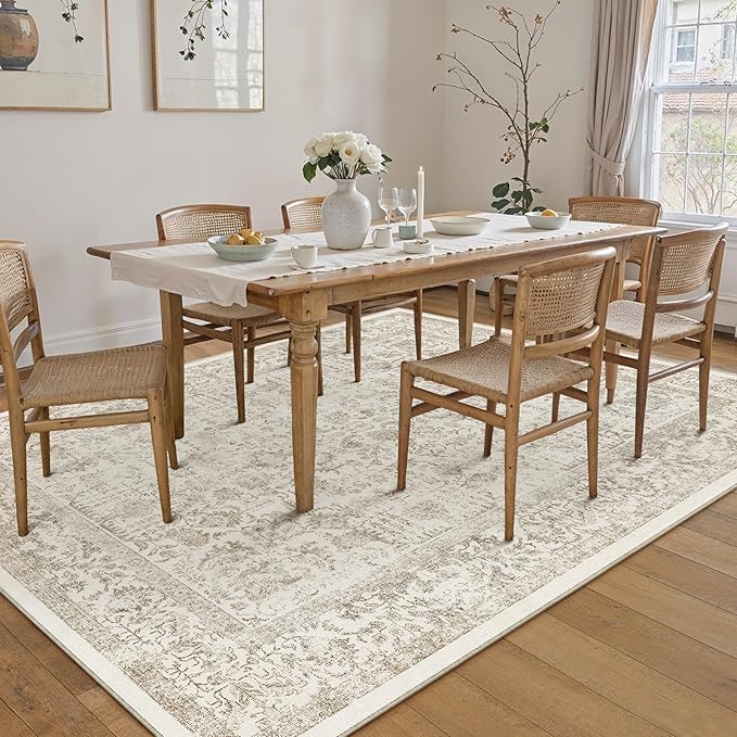 Light Brown Area Rug 8x10 Machine Washable Large Vintage Living Room Distressed Non Slip Carpet Traditional Indoor Bedroom Retro Floral Accent Throw Rug for Office Kitchen Dining Room