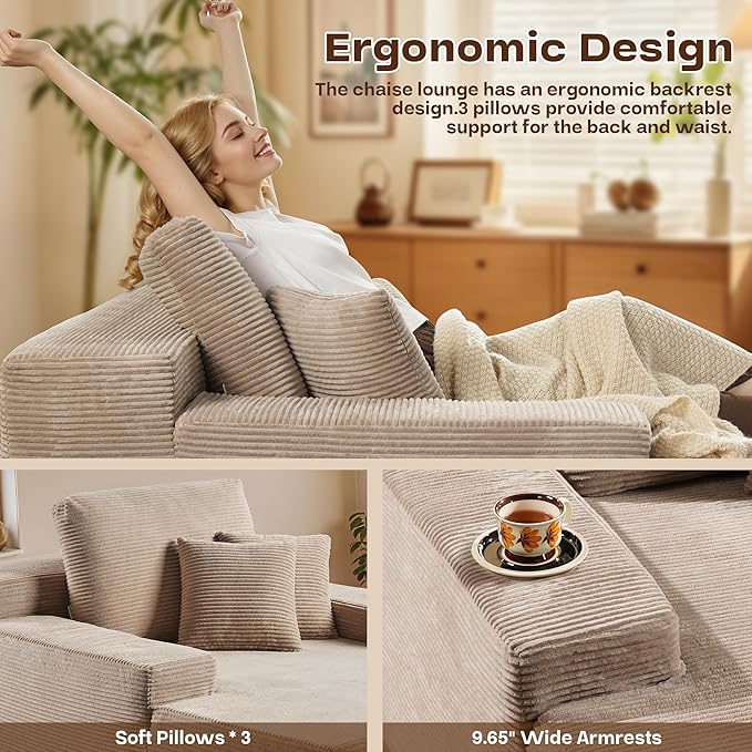 Chaise Lounge Chair Indoor, Oversized Sleeping Couch 67" L * 48.5" W Assembly Free Modern Minimalist Sofa, Extra Deep Large Single Seat Sofa for Living Room (Camel Corduroy Fabric)