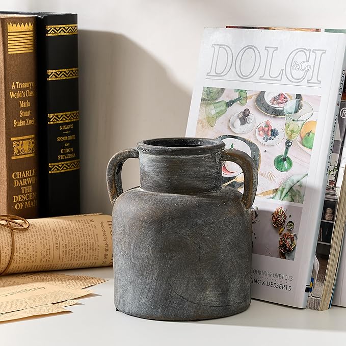 Antique Ceramic Vase with 2 Handles, 6.1 Inch Farmhouse Rustic Flower Vase, Small Vintage Terracotta Vases for Home Decor, Wedding, Living Room, Table, Shelf Decor, Black Bronze