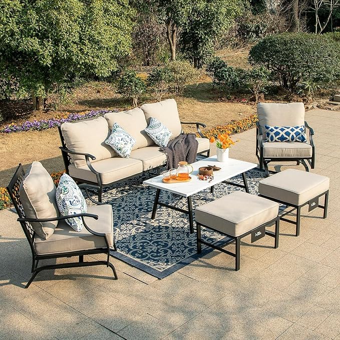 HERA'S HOUSE Patio Furniture Set, 2 x Rocking Cushioned Chair, 2 x Cushioned Ottoman, 1 x 3-Seat Sofa with Marbling Coffee Table, 6 Piece Outdoor Conversation Set for Backyard Lawn Garden