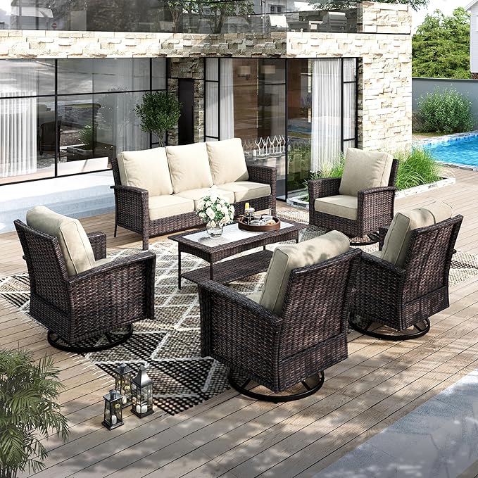 Luxury Patio Furniture Set with 5.5" Thick Cushion, Outdoor Wicker Conversation Set, 4 x High Back Swivel Patio Chairs with Tempered Glass Table, Waterproof 3-Seat Sofa for Deck Lawn Deck Yard, Beige