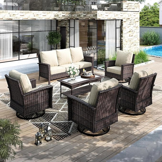 Luxury Patio Furniture Set with 5.5" Thick Cushion, Outdoor Wicker Conversation Set, 4 x High Back Swivel Patio Chairs with Tempered Glass Table, Waterproof 3-Seat Sofa for Deck Lawn Deck Yard, Beige