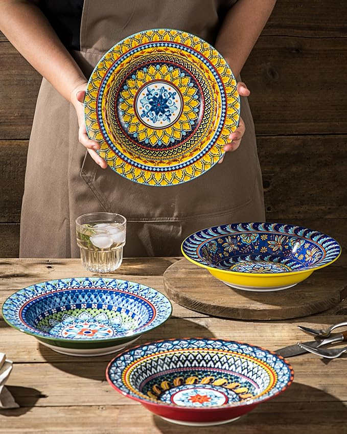Soup and Pasta Bowls/Plates Set of 4-18 Oz Wide Rim, Porcelain Serving Bowls for Kitchen, Deep Dinner Plates - Microwave & Dishwasher Safe - Bohemian Style