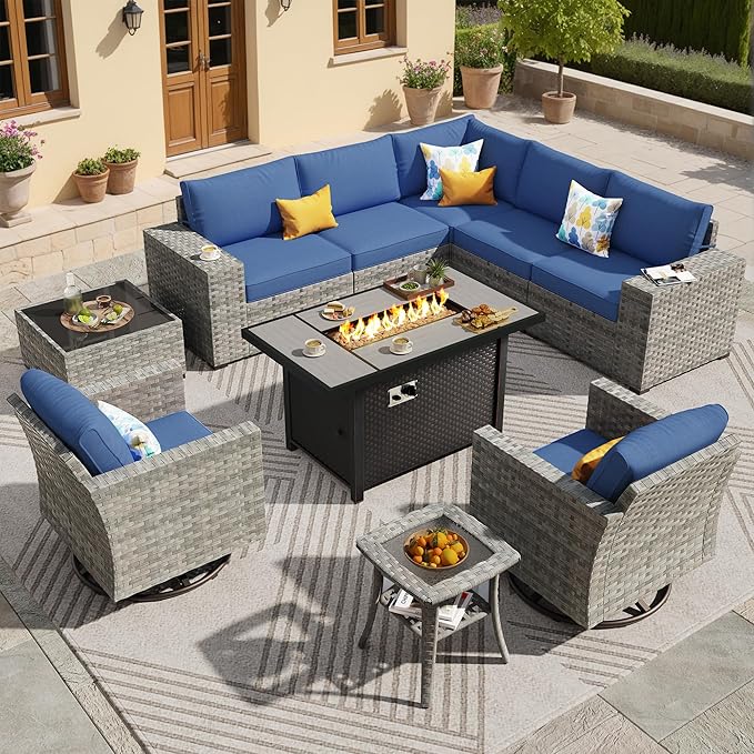 ovios 10 Pieces Patio Furniture Set, Outdoor Wicker Sectional Sofa with 42" Fire Pit Table Swivel Chairs, Modern Modular Deep Seat Rattan Couch Conversation Sets, Navy Blue