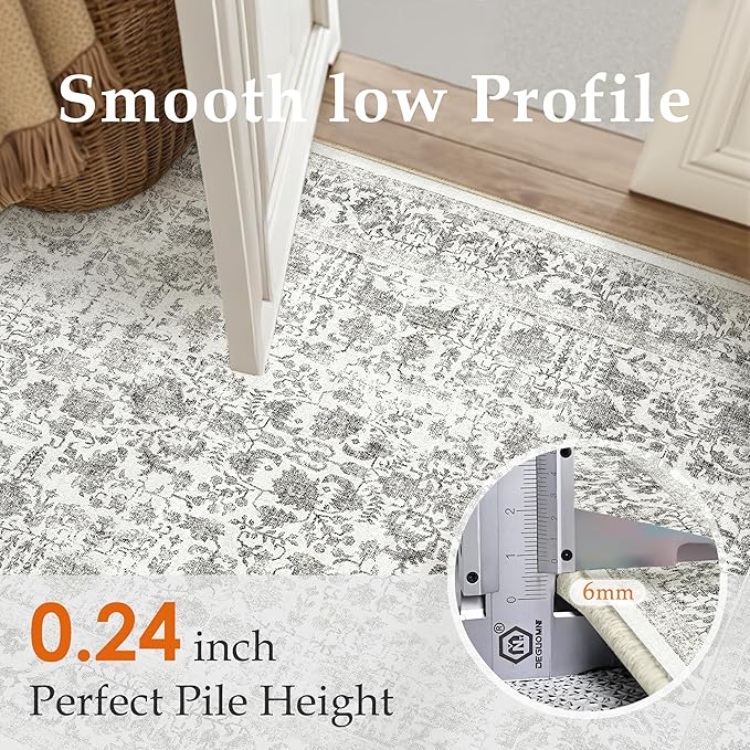 Black Area Rug 10x14 Machine Washable Large Vintage Living Room Distressed Non Slip Carpet Traditional Indoor Bedroom Grey Retro Floral Accent Throw Rug for Office Kitchen Dining Room