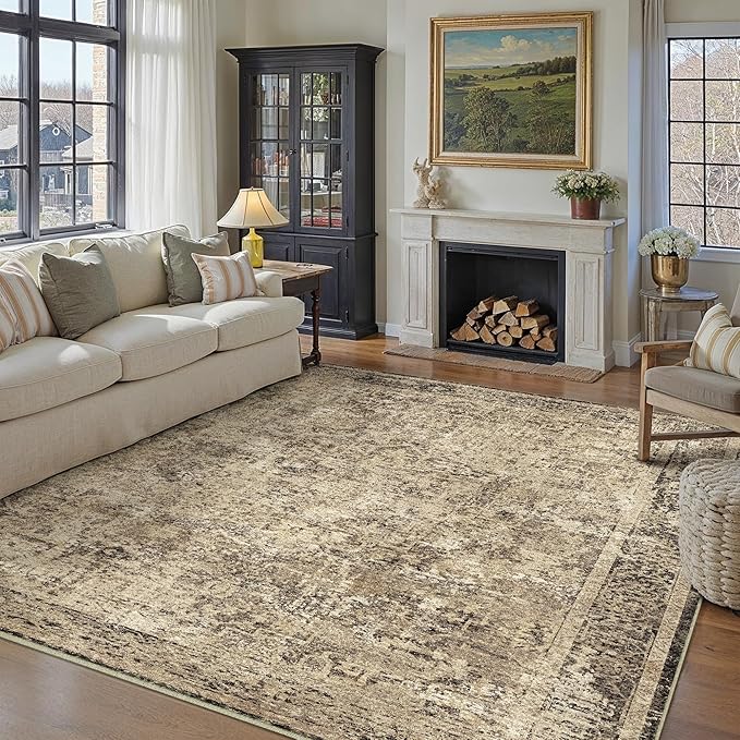 9x12 Area Rug Washable Vintage Neutral Living Room Carpet Large Indoor Non Slip Brown Bedroom Distressed Low Pile Retro Accent Throw Rug for Dining Room