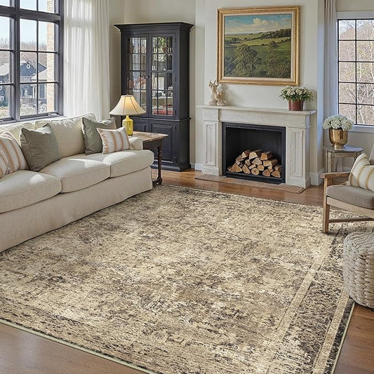 9x12 Area Rug Washable Vintage Neutral Living Room Carpet Large Indoor Non Slip Brown Bedroom Distressed Low Pile Retro Accent Throw Rug for Dining Room