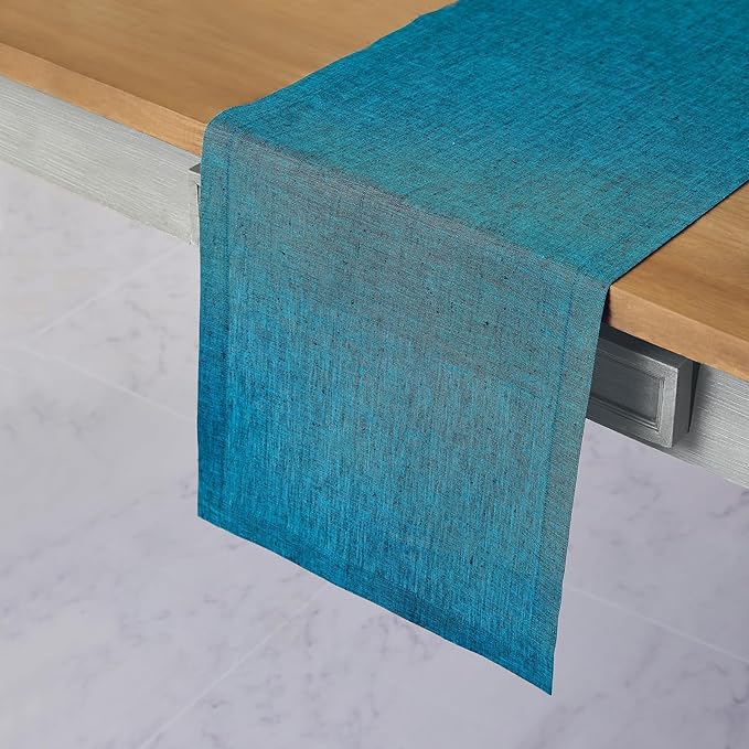 Solino Home Linen Table Runner 72 Inches Long - Athena, 100% Pure Linen Chambray Teal Dining Table Runner 14 x 72 Inch for Fall, Autumn, Thanksgiving - Handcrafted and Machine Washable