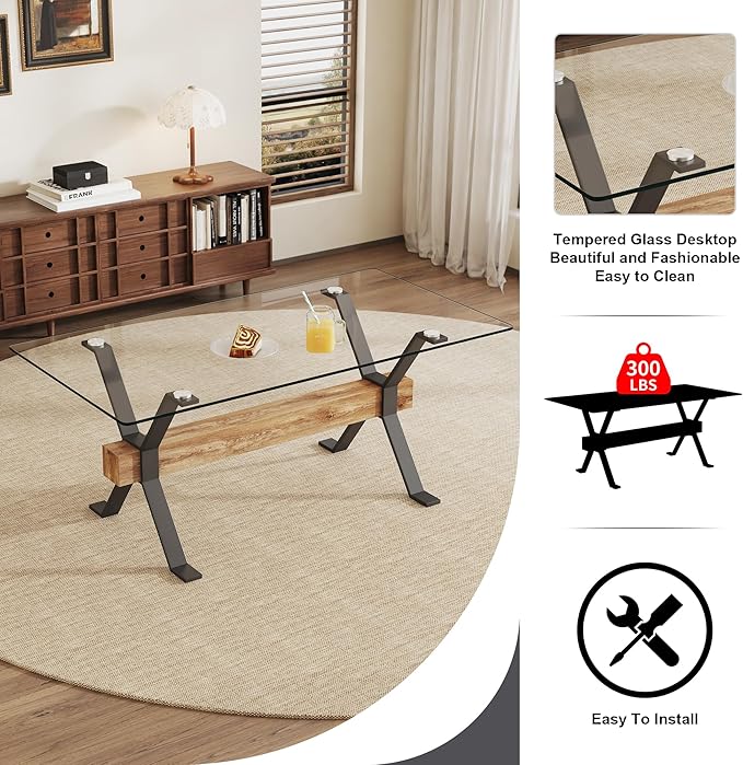5 Piece Glass Dining Table Set, Kitchen Table Chairs Set for 4, 71'' Dining Table with 0.4" Tempered Glass Tabletop with Plated Metal Legs and MDF Crossbar, 4 PU Chairs for Dining Room, Kitchen.