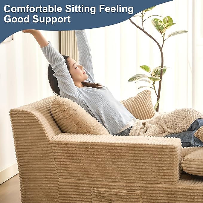 63" Oversized Chaise Lounge Chair Indoor, Extra Cloud Layer, Convertible Sleeper Sofa Couch with Removable Pillows & Side Pockets, Corduroy Upholstered Sofa Bed with Armrests for Living Room, Camel