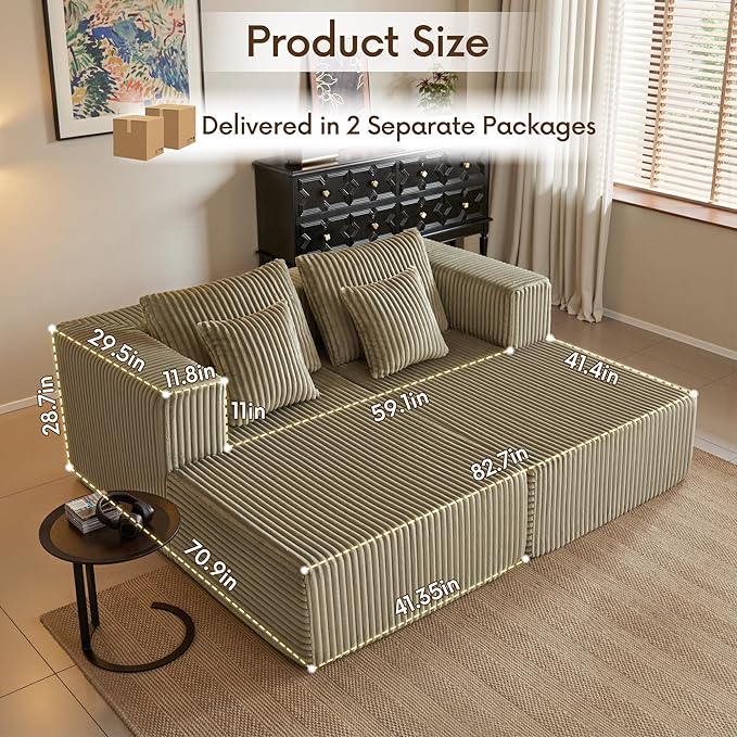 82" Oversized Chaise Lounge Chair, Corduroy Upholstered Sleeper Sofa with 4 Throw Pillows and Wide Armrest for Living Room, No Assembly Required Loveseat Couch, Foggy sage Green