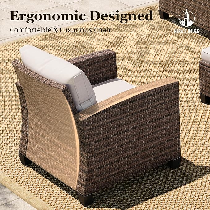 HERA'S HOUSE Patio Furniture Set, 5 Pieces Outdoor Wicker Furniture, All Weather Rattan Patio Conversation Set for Lawn Deck Backyard, Brown/Beige