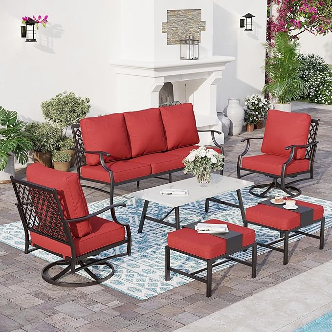 6 Piece Metal Outdoor Patio Furniture Set, Patio Conversation Sets 1 3-Seater Sofa, 2 Swivel Chair, 2 Ottomans with 5.75" Thick Cushion and Coffee Table, Black Backyard Furniture, Red