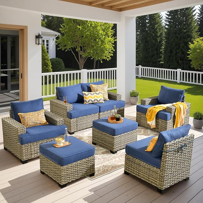 HOOOWOOO Outdoor Sectional Patio Furniture Set,7 Pieces Wicker Conversation Sets,Extra Deep Out Door Sofa Outside Furniture Couch with Ottoman,Denim Blue