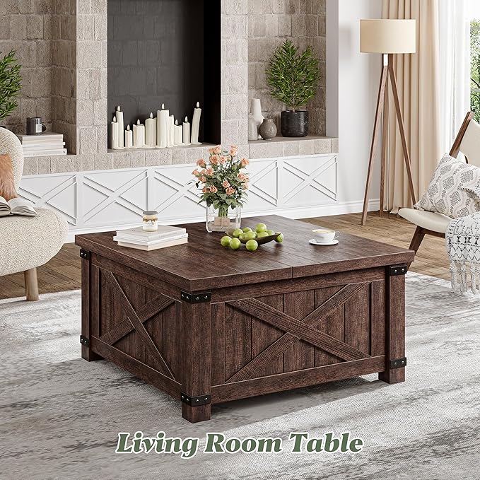 EnHomee Lift Top Coffee Table with Storage, 36" Farmhouse Coffee Tables for Living Room, Square Coffee Table with Large Hidden Space, for Living Room, Bedroom, Home Office, Classic Brown