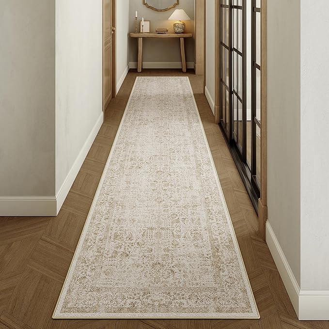 Light Brown Runner Rug 3x12 Hallway Machine Washable Kitchen Vintage Distressed Non Slip Long Carpet Indoor Retro Floral Bedroom Accent Throw Rug for Bathroom Office Laundry Dining Room